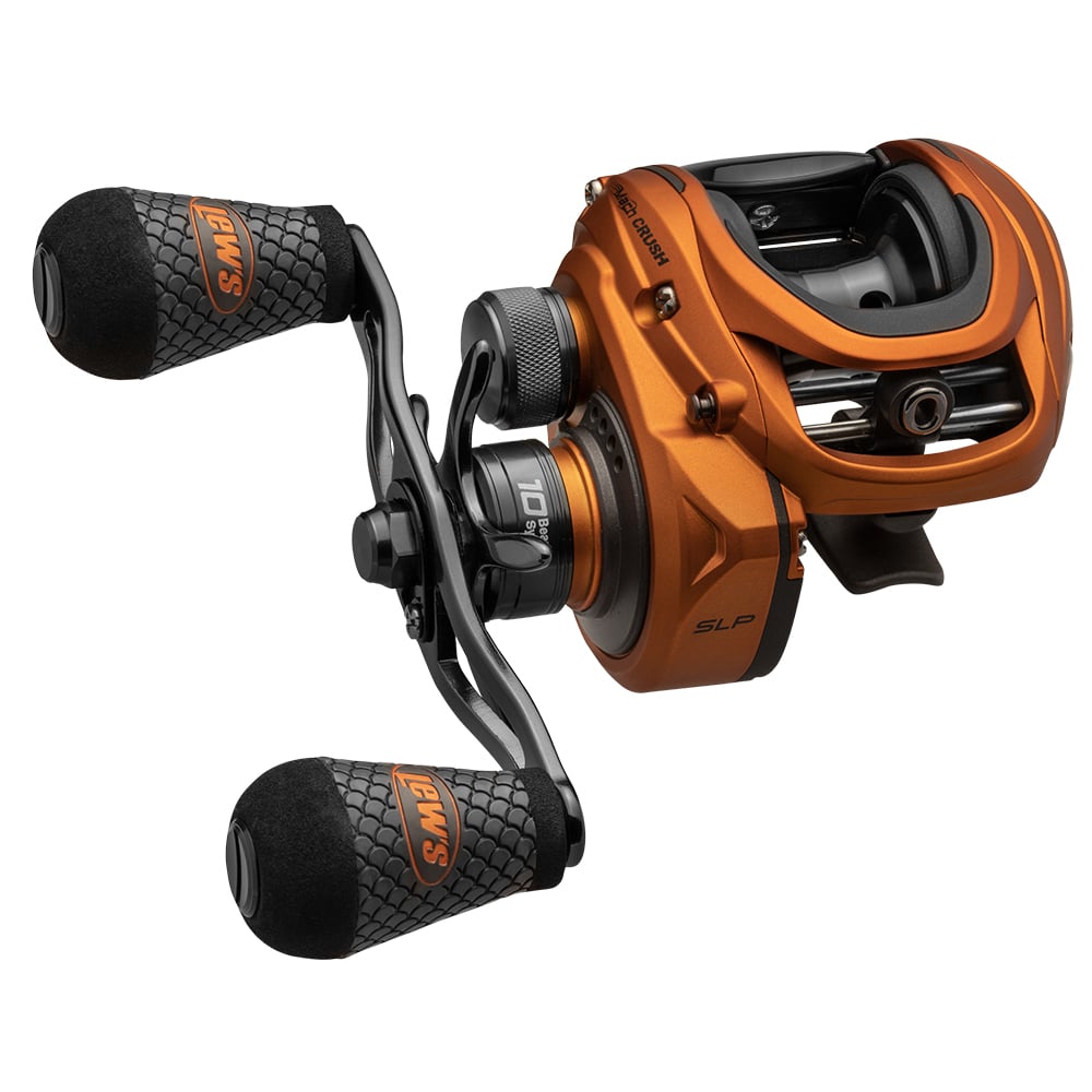 A close-up of the Lew's Mach Crush SLP Series Casting Reel 7.5:1 Right Hand (MCR1SHA) shows its orange and black design, two textured handles, side adjustment knobs, and a high-speed gear ratio for smooth retrieves.