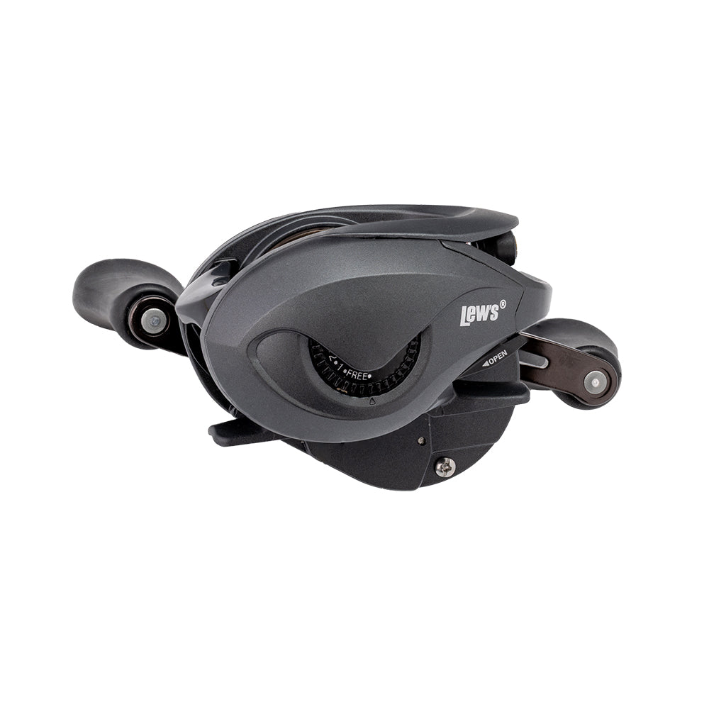 A Lew's Speed Spool Gen 3 Casting Reel 7.5:1 LH (SS1SHLG3) in black, featuring a curved ergonomic body, dual handle grips, and visible Magnetic Control System adjustment dial, isolated on white background.