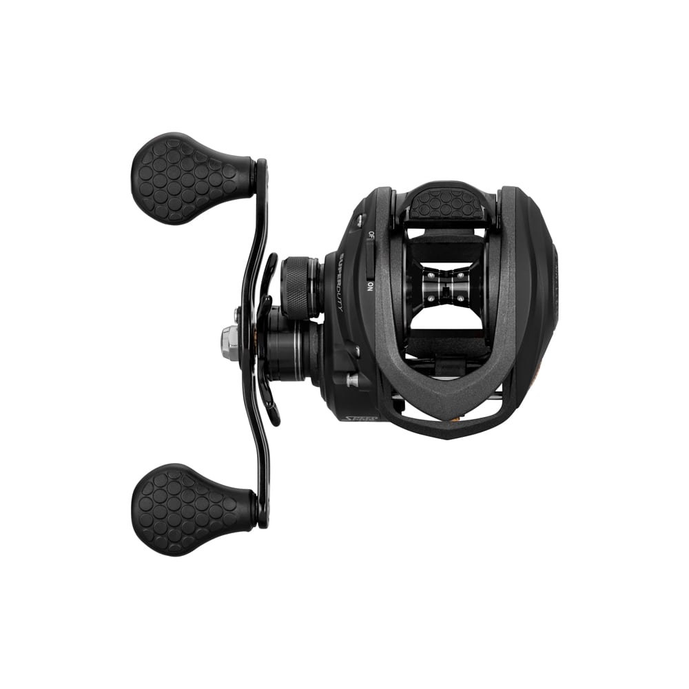 A Lew's Super Duty Gen 2 Casting Reel 7.5:1 Right Hand (SD1SHF) is shown from above with dual textured handles, visible line spool, adjustment knobs, and an advanced Carbon Fiber Drag System on a white background.