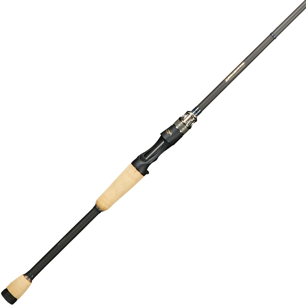 Discover the Megabass Destroyer P5 Blade 6'8" Casting Rod (F5-68X) in black and tan, featuring a 5-D Graphite System. Its sleek design boasts a cork handle grip and metallic reel seat for precise casting. Ideal for ultimate fishing performance.