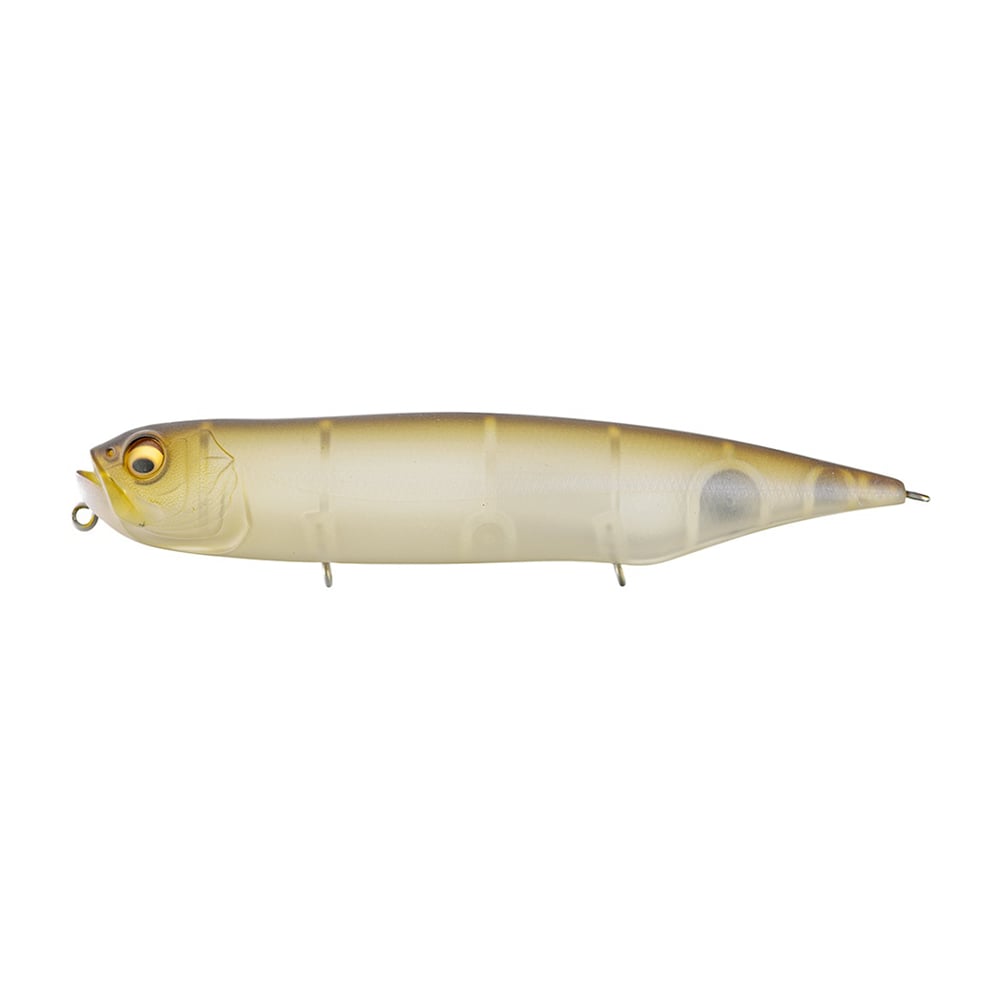 The Megabass Dog-X Diamante Rattle by Megabass is a topwater lure shaped like a small fish, featuring a yellowish-brown gradient top, translucent body, large eyes, and metal loops—designed for enticing strikes with its lifelike walking action.