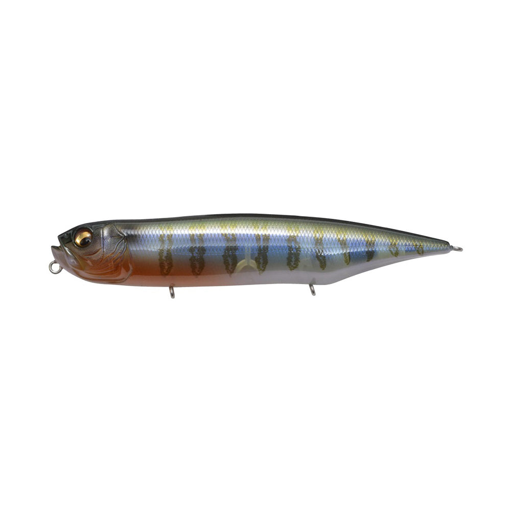 The Megabass Dog-X Diamante Silent Secret Gill fishing lure by Megabass features a realistic fish shape, metallic finish, blue-green scales, orange belly, lifelike eyes, and attachment loops at the mouth and underside.