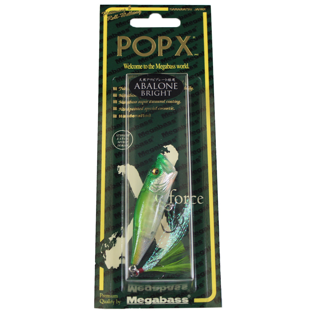 The Megabass Pop-X Abalone Bright AB LTD Lime Green popper lure, by Megabass, features a green and silver fish design with a feathered tail and Side-Stepping Balancer, packaged in a clear plastic case with green and gold accents.