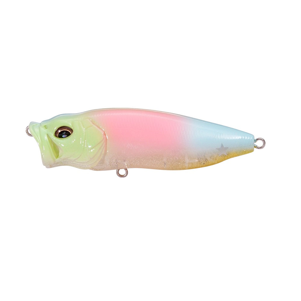 The Megabass PopMax by Megabass is a fish-shaped topwater lure with a green head, pink middle, blue tail, yellow underside, and metal loops at the nose, belly, and tail.