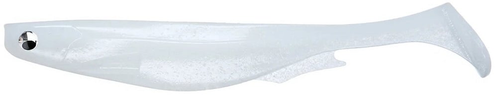 The Megabass Spark Shad Swimbait, a Megabass product, is a translucent white fish-shaped soft plastic bait with a paddle tail for high-frequency vibrations and a small reflective eye for extra allure.