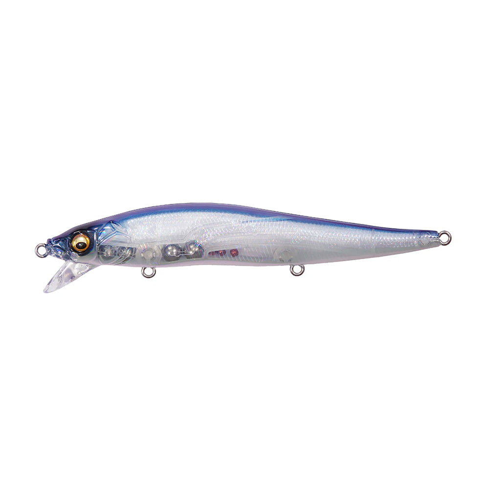 A blue and silver, fish-shaped jerkbait with a realistic eye, clear plastic lip, and multiple attachment rings—like the Megabass Ito Vision 110 SR GP Pro Blue by Megabass.