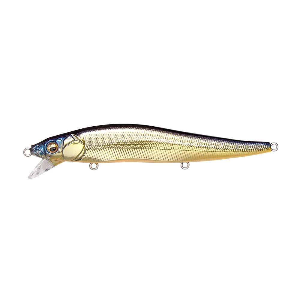 The Megabass Ito Vision 110 SR M Champagne Kinkuro is a gold and silver jerkbait with a blue head, black back, and clear lip, featuring three metal rings on its underside and tail—designed to mimic a small fish.