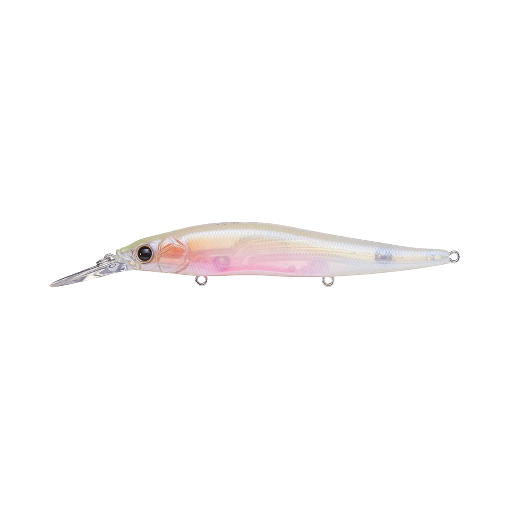 The Megabass Vision 110+1 Jerkbait by Megabass is a translucent, fish-shaped lure with a long, clear lip, light pink and pearl body, realistic eyes, and three attachment loops—ideal as a versatile mid-range suspending jerkbait.