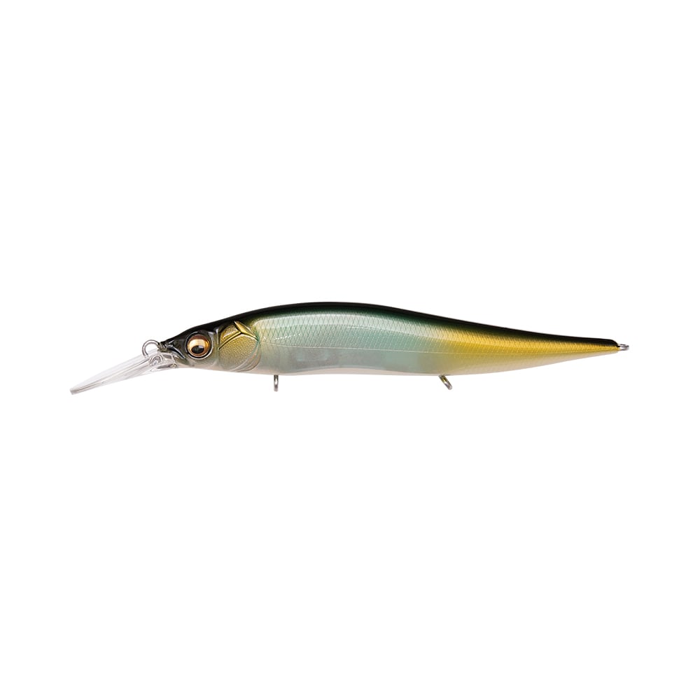The Megabass Vision 110+1 Jr. Jerkbait Ito Natural features a sleek green/gold top with a white belly, lifelike fish eye, two hooks, and a clear plastic lip—ideal for bass fishing.