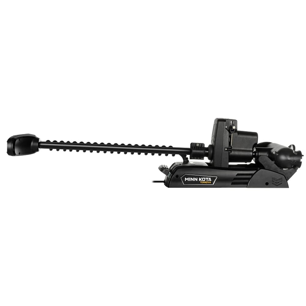 The Minn Kota Terrova Quest Trolling Motor is a black, long-shaft trolling motor with GPS, ideal for fishing boats and mounted on a base.