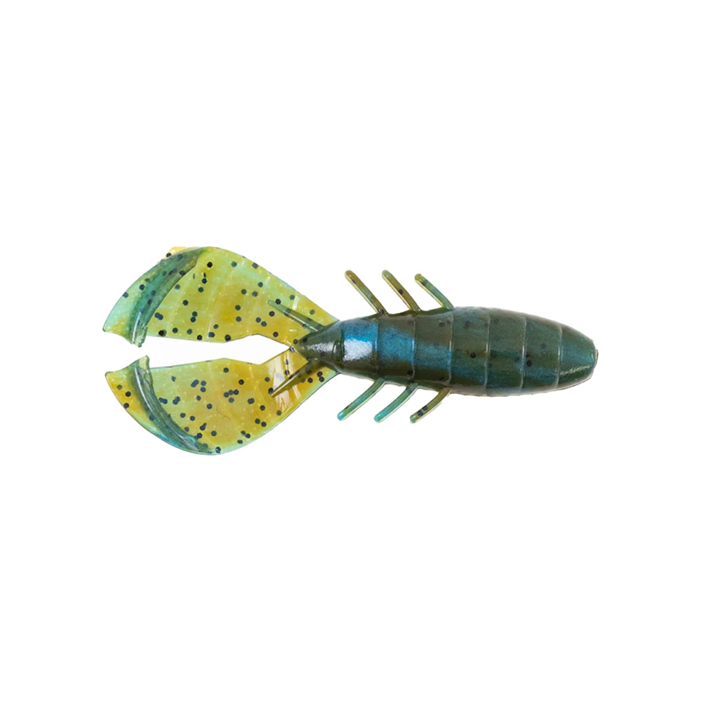 The Missile Baits Chunky D 3.5" 6pk by Missile Baits is a soft plastic bass fishing bait shaped like a crawfish, featuring a greenish-blue body and large yellow-green claws speckled with black on a white background.