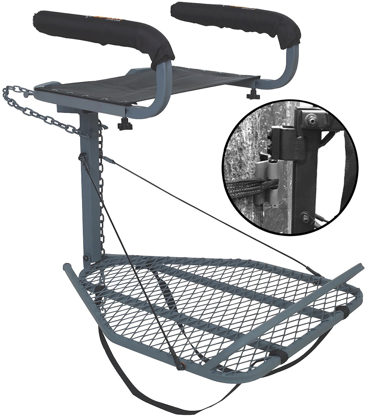 The Ol' Man Roost Elite with Safe-Link & Receiver (O-009-SLE) is ideal for bow hunters, featuring a sturdy metal stand, mesh foot platform, padded seat and armrests. Inset shows the receiver mounted securely to a tree using straps and chain.