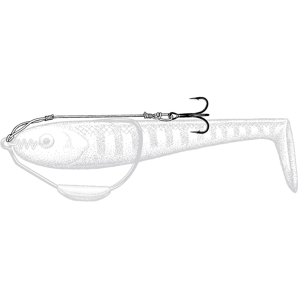 Illustration of the Owner Weighted Beast Hook with Twistlock shaped like a fish, featuring a treble hook and TwistLOCK Centering-Pin Spring on top. It includes a line rigged through the body, with an underbelly weight for optimal performance by Owner.