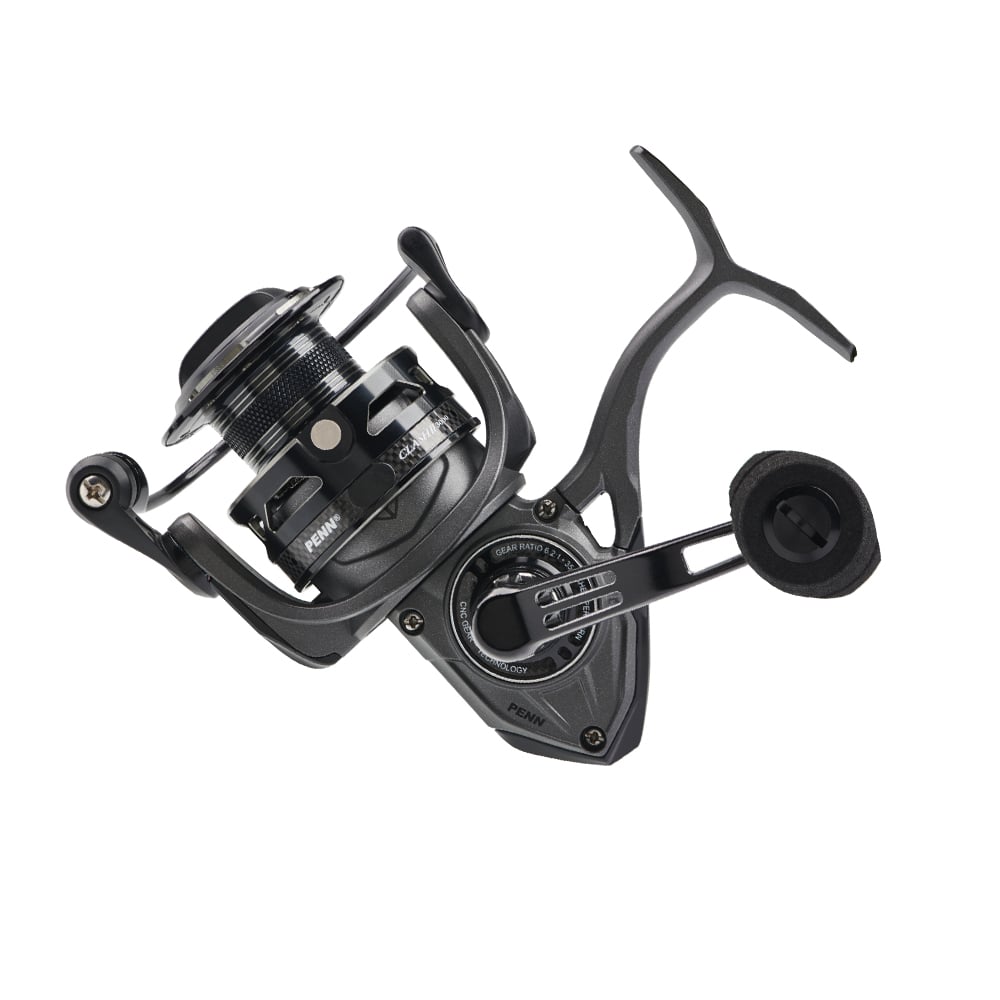 A Penn Clash II Spinning Reel 3000 6.2:1 (CLAII3000) in black and silver with right-side handle and visible gear settings, featuring advanced CNC Gear Technology, isolated on a white background.