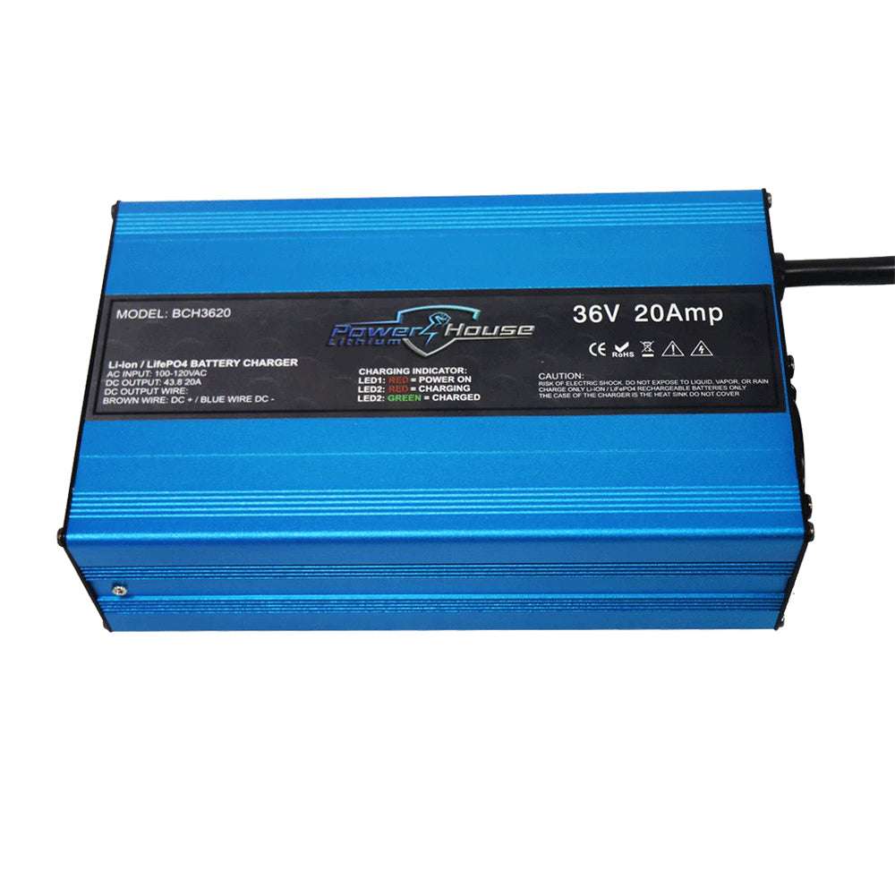 A blue Powerhouse Lithium AC Chargers Non Waterproof, model BCH3620 (36V 20Amp), supports LiFePO4 batteries. It has a black label displaying voltage, amperage, instructions, indicator lights, safety warnings, and auto shutdown.