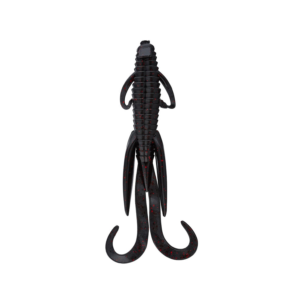 The Reaction Innovations Man Bear Pig is a soft plastic creature bait in black with red speckles, ribbed body, short side appendages, and long curly tails—ideal for flipping into heavy cover.