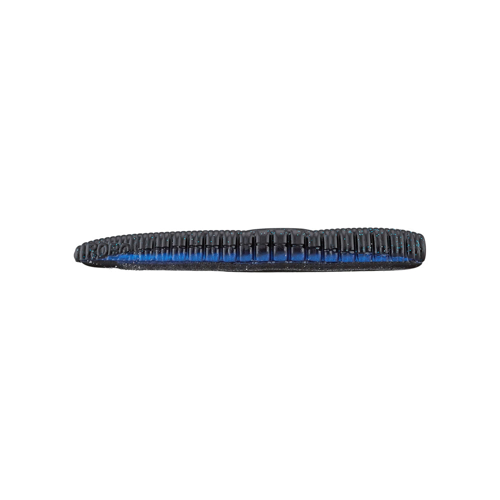 The Roboworm NED Worm, in dark blue and black, resembles a lure and is perfect for fishing with a ned rig. Against a white backdrop, this versatile tool from Roboworm is ideal for anglers seeking effectiveness.
