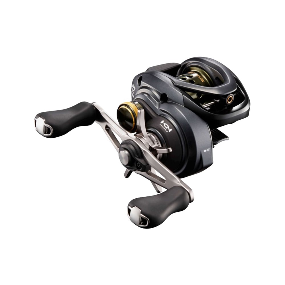 A close-up of the Shimano Curado BFS Casting Reel 8.2:1 (CUBFSXGR) in black and silver, featuring dual handles and Finesse Tune Brake technology, set against a plain white background.