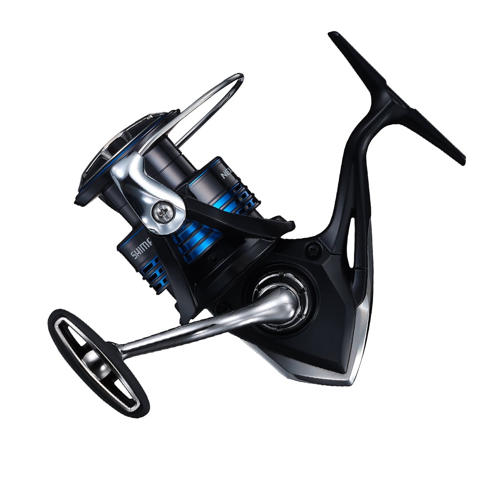 A close-up of the Shimano Nexave FI Spinning Reel (model NEXC5000HGFI) in black and blue with a metallic handle, showcased isolated on a white background.