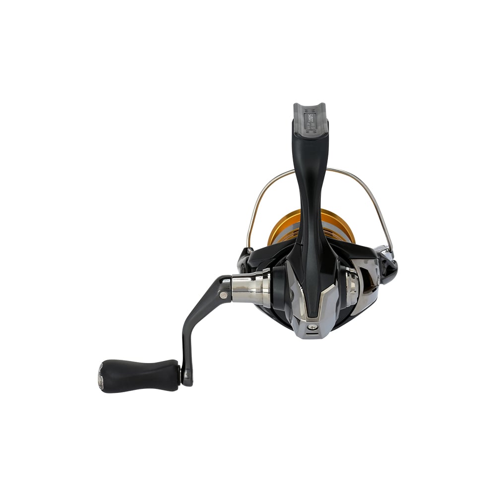 A front view of the Shimano Sahara FJ Spinning Reel 1000FJ (SH1000FJ) by Shimano, showing a black handle, silver body, and gold spool with HAGANE Gear technology, isolated on a white background.