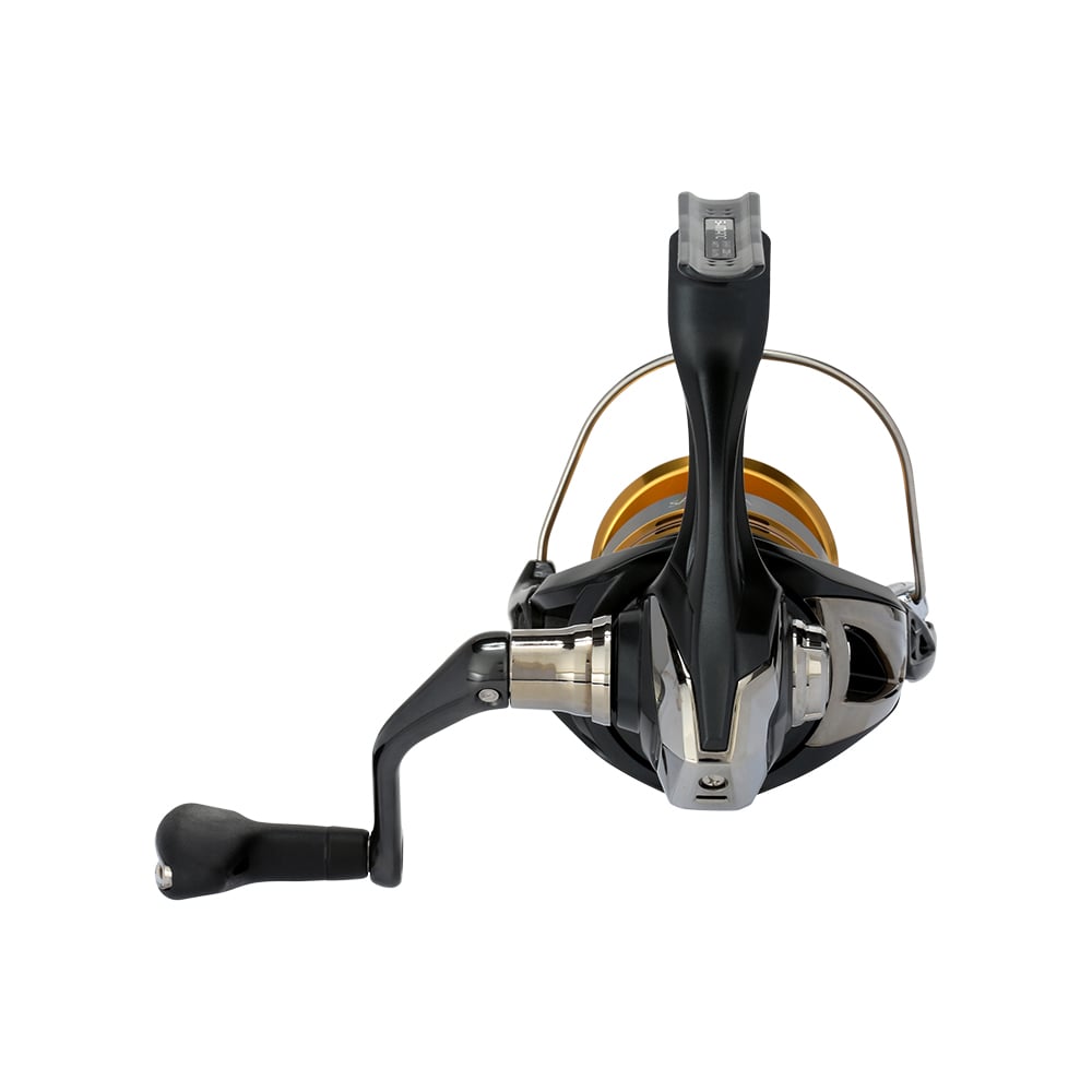 A front view of the Shimano Sahara FJ Spinning Reel 3000HGFJ (SHC3000HGFJ) by Shimano in black and silver with a gold spool, HAGANE Gear technology, and a left-side black handle, isolated on a white background.