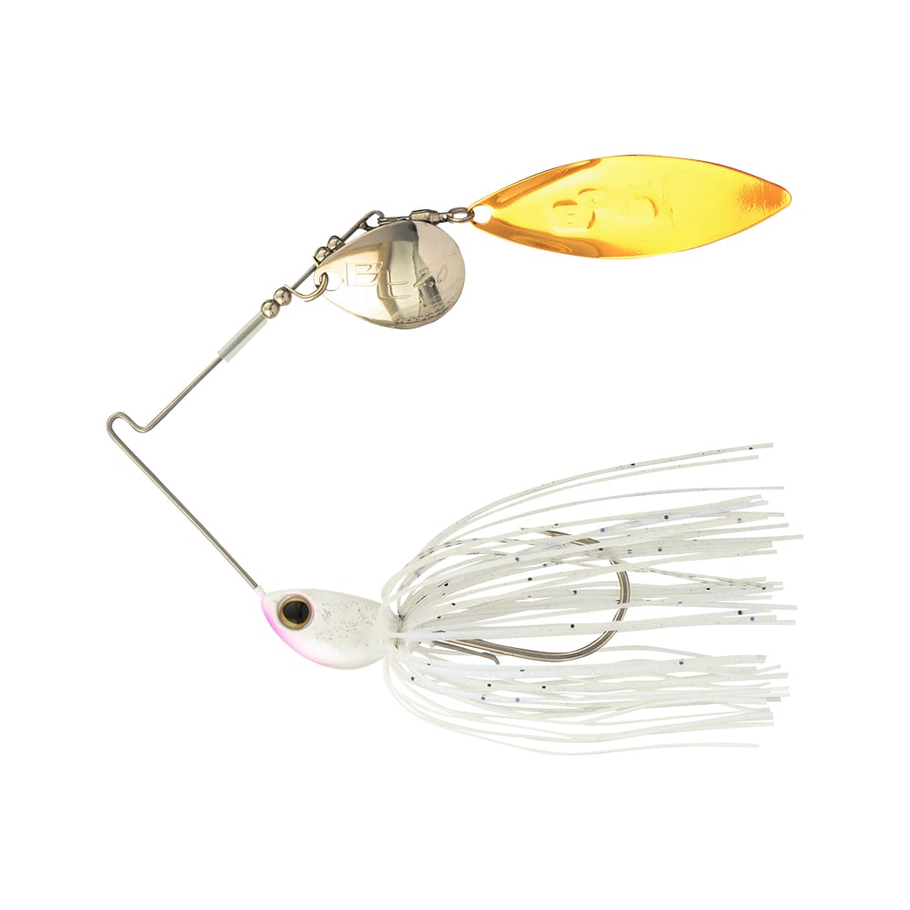The Shimano Swagy Spinnerbait Colorado Willow is a white lure with a skirt, silver and orange spinner blades, and a tapered-wire metal frame for maximum vibration, shown on a white background.