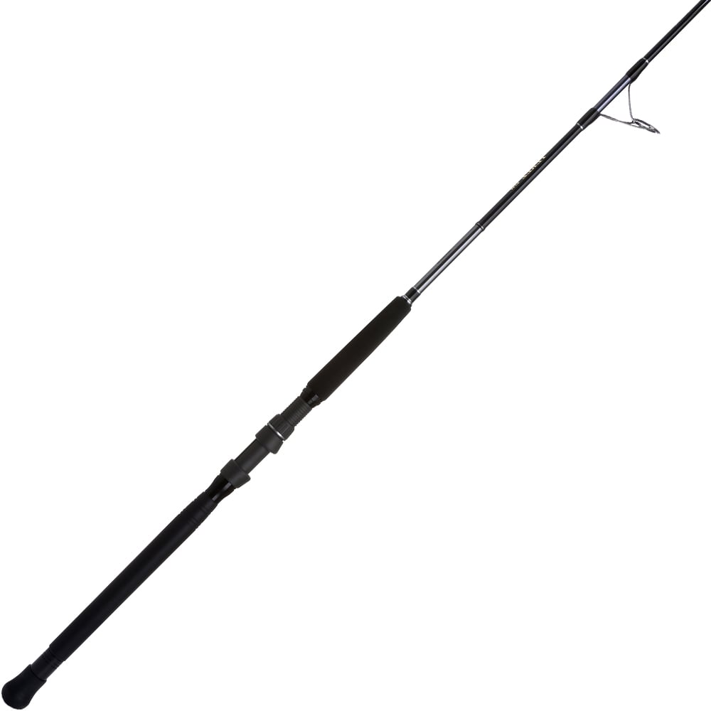 The Shimano Terez BW Spinning Slick Butt Rod 7'2" Heavy (TZBWS72HSBA) features a black and silver design, foam grip handle, metal reel seat, and line guides along the rod, shown against a white background.