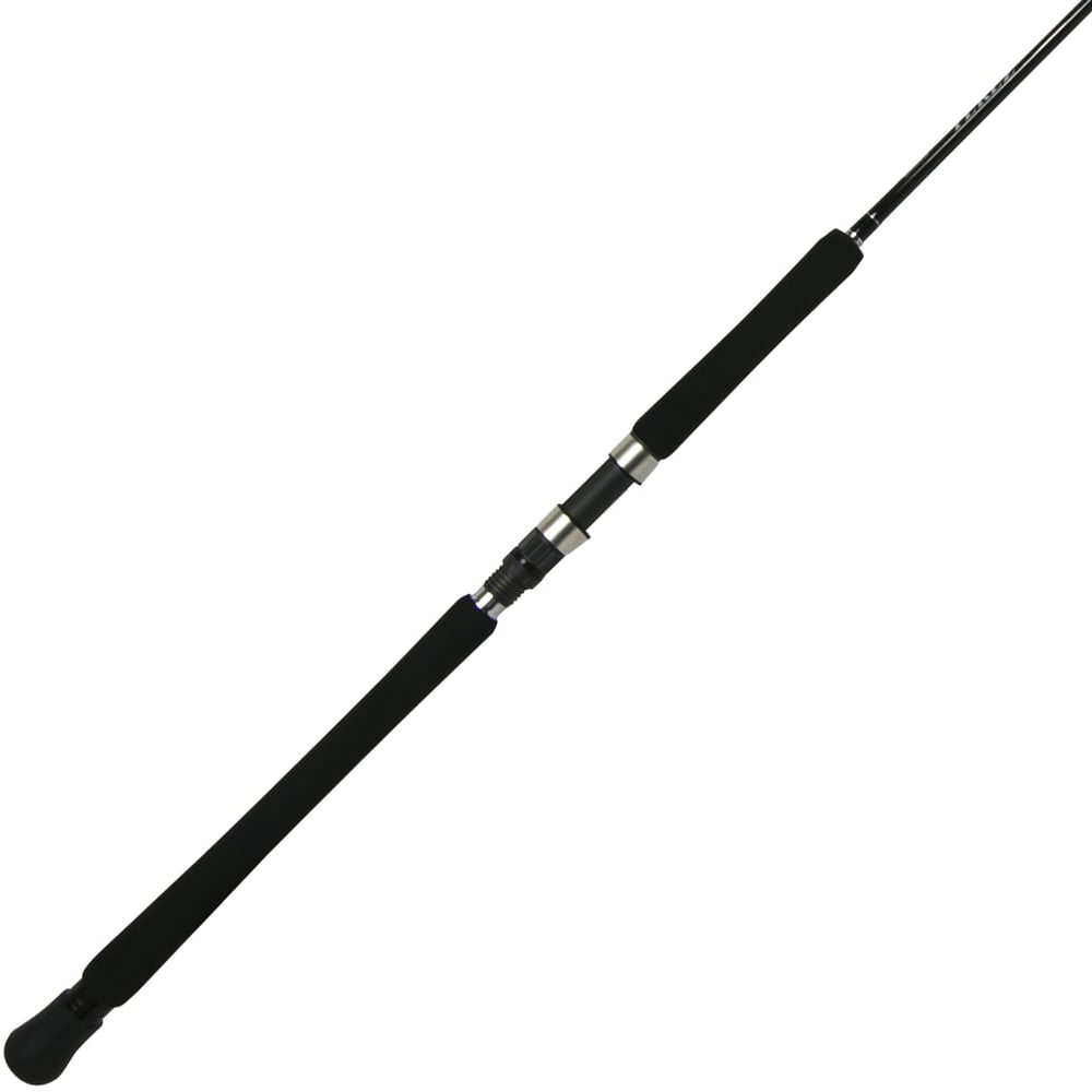 The Shimano Terez Spinning Rod 7'2" Medium (TZS72M) features a foam handle, visible reel seat, and Fuji Alconite Guides. Set against a white background, this black rod showcases its tapered length, enhanced by Spiral X Hi-Power X technology.