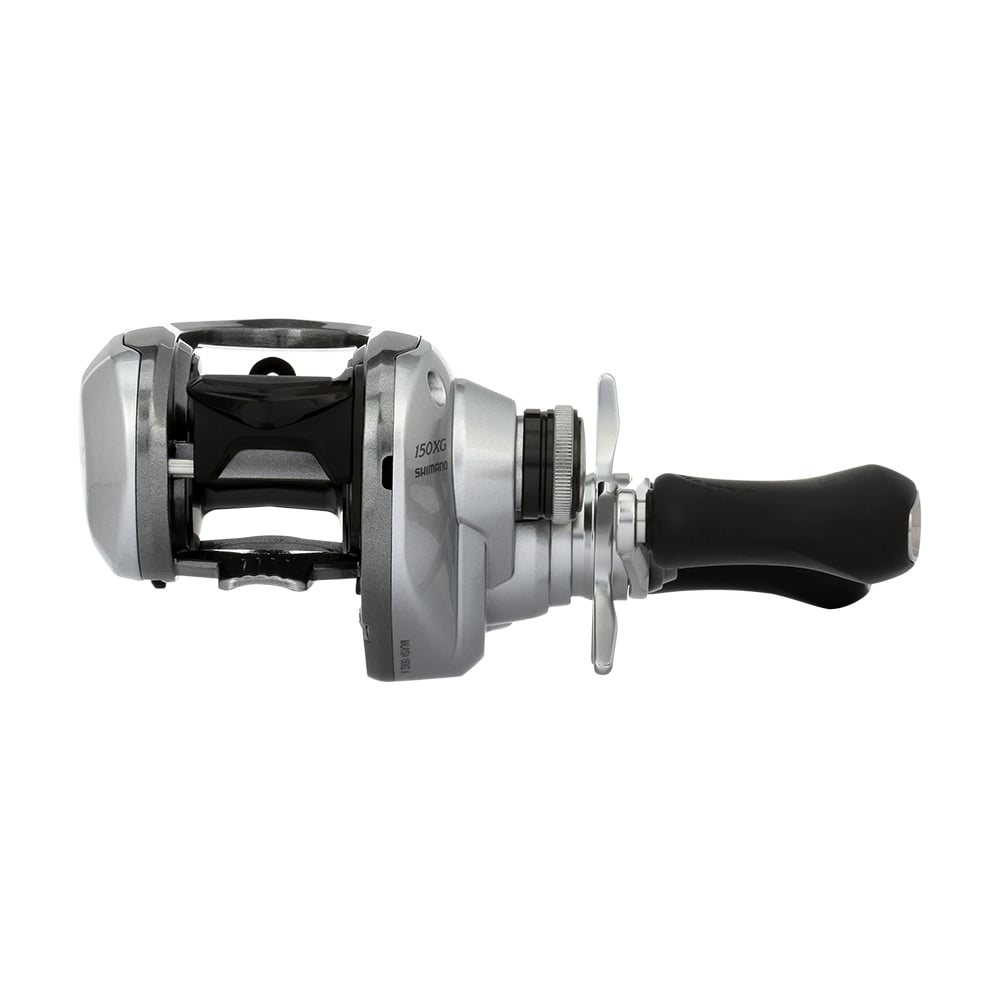 The Shimano Tranx 150A Casting Reel 8.2:1 Right Hand (TRX150XGA) features a silver and black design, large ergonomic handle, front drag adjustment, and open spool—ideal for saltwater fishing—shown against a white background.