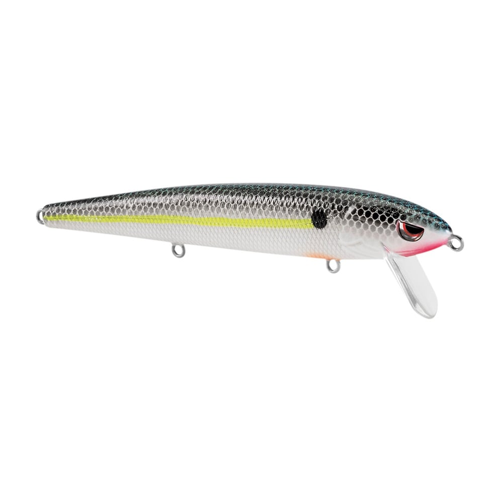 The SPRO Essential Series Zero Minnow Wakebait is a silver and black lure with a scaled pattern, yellow side stripe, pink head accent, and clear plastic lip—ideal for bass fishing.