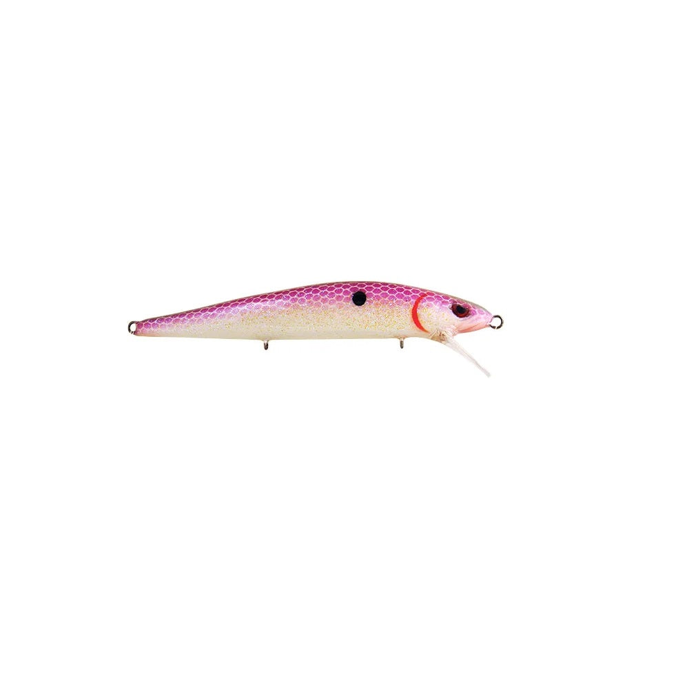 The SPRO Spro McStick 110 Suspending Jerkbait is a fishing lure featuring a pink and white scale-patterned body with black spots and a small clear plastic front lip for diving action.