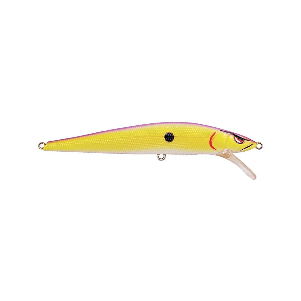 The SPRO McStick 95 Suspending Jerkbait is a yellow lure with a purple-tinted back, black side spot, red gill accents, silver belly, plastic diving lip, metal hook rings, and Gamakatsu treble hooks.