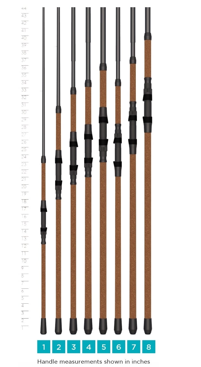 Eight St. Croix Avid Surf Casting Rod 10’0” Medium (VSC100MF2) handles stand upright against a 10"-44" vertical ruler, each with a brown grip, black reel seat, and labeled 1–8—ideal for surf casting and maximum distance.