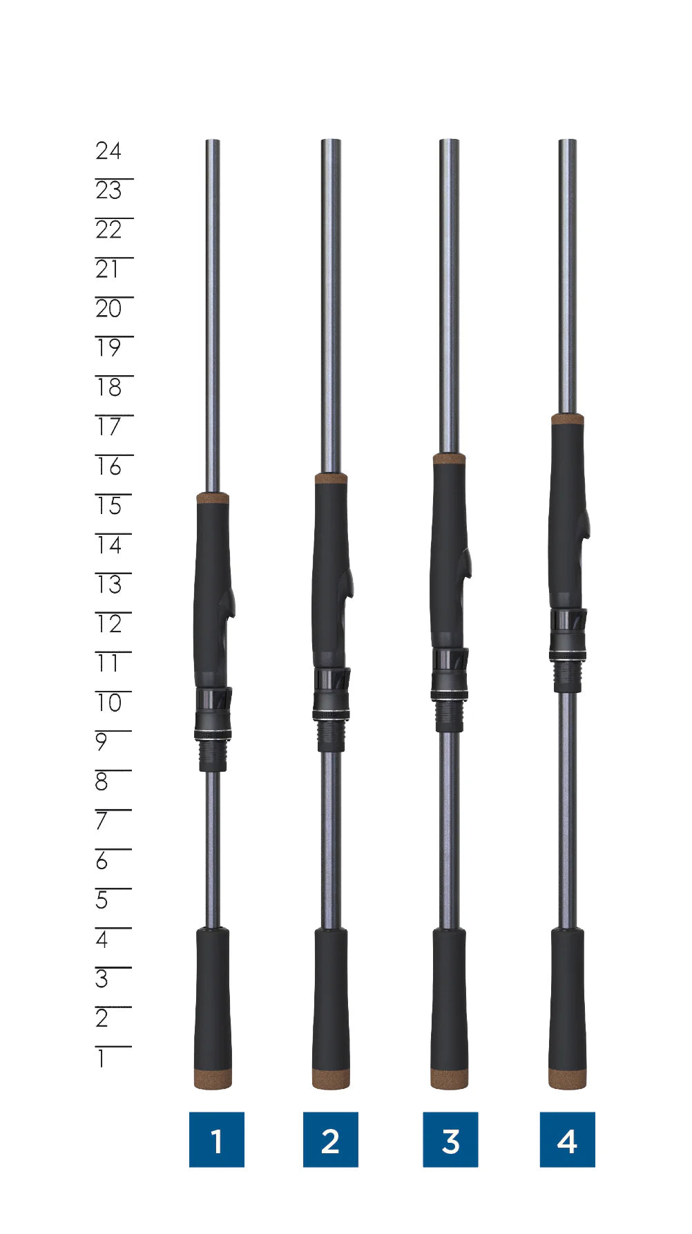 Four St. Croix Black Bass Spinning Rods 6'8" Medium (RIS68MXF) are lined up vertically, labeled 1 to 4. A ruler at left measures heights from 0 to 24. All rods share a Carbon Fiber Blank and have similar design and height.