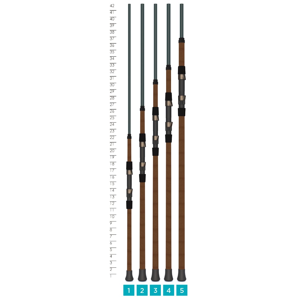 Five St. Croix Triumph Surf Spinning Rods (8'0” Medium | TSF80M2) are displayed side by side against an inch-marked ruler, labeled 1-5 at the base and crafted for long-distance casting with premium graphite by St. Croix.