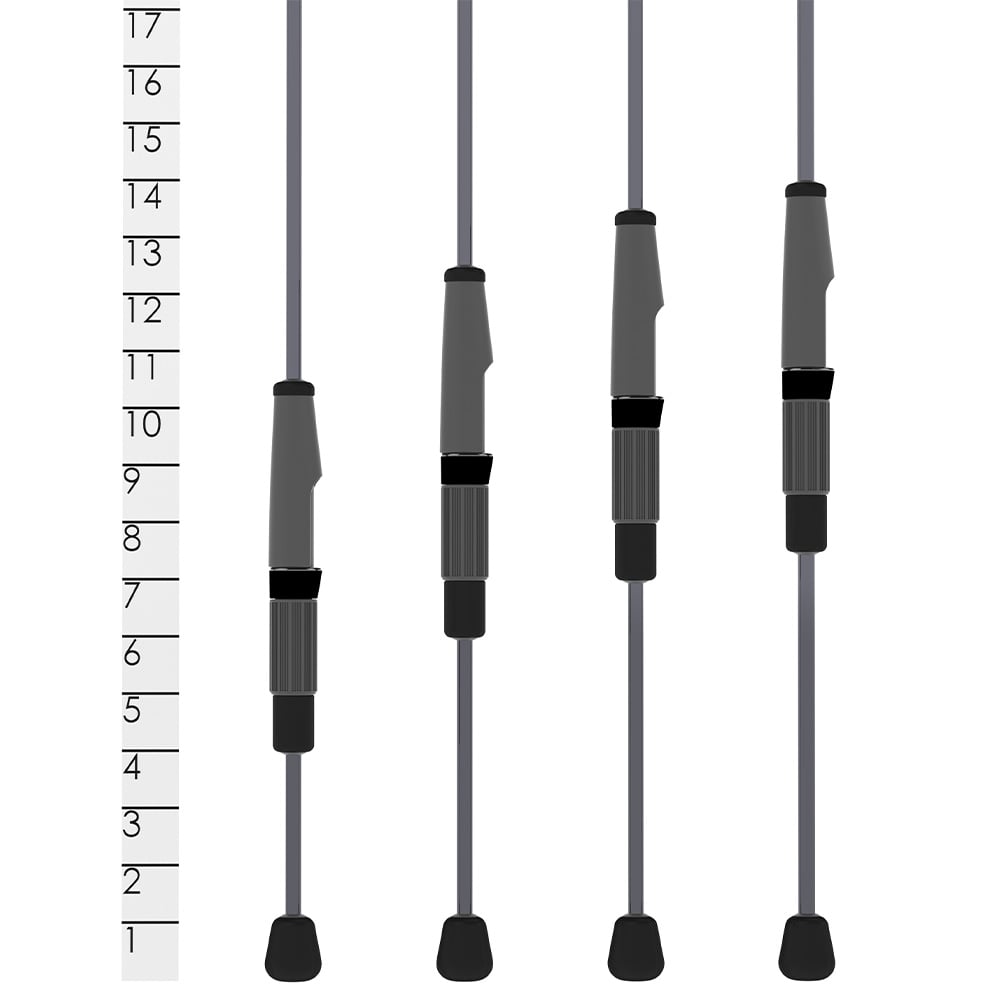 Four adjustable walking sticks of different lengths stand by a height chart, similar to how the St. Croix Trout Series Spinning Rod 5'10" Light (TFS510LF) offers varied sizing for trout fishing enthusiasts.