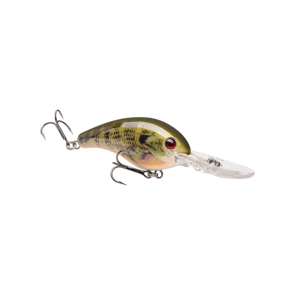 The Strike King 10XD Crankbaits features a realistic fish shape for bass fishing, with a green and brown body, red eyes, and two treble hooks. It includes a clear, curved plastic lip for deep diving and is displayed against a plain white background.