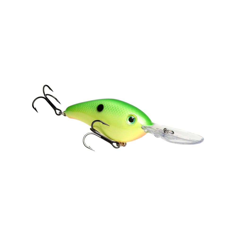 A green and yellow Strike King 6XD Crankbait fishing lure with two treble hooks and a clear plastic lip, isolated on a white background.