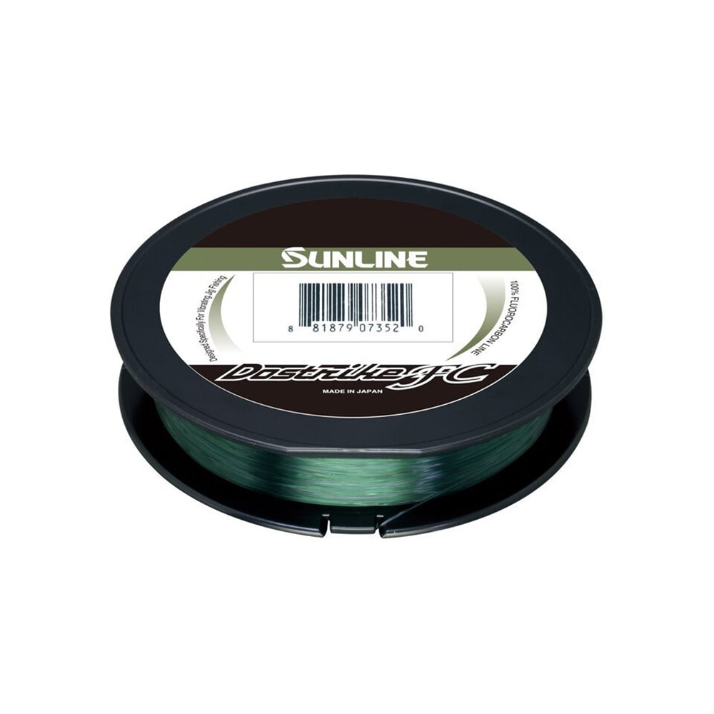 A spool of Sunline Dostrike FC Fluorocarbon Line, featuring a greenish tint and barcode on a white label, sits on a white background—ideal for anglers seeking reliable, camouflage fishing line.