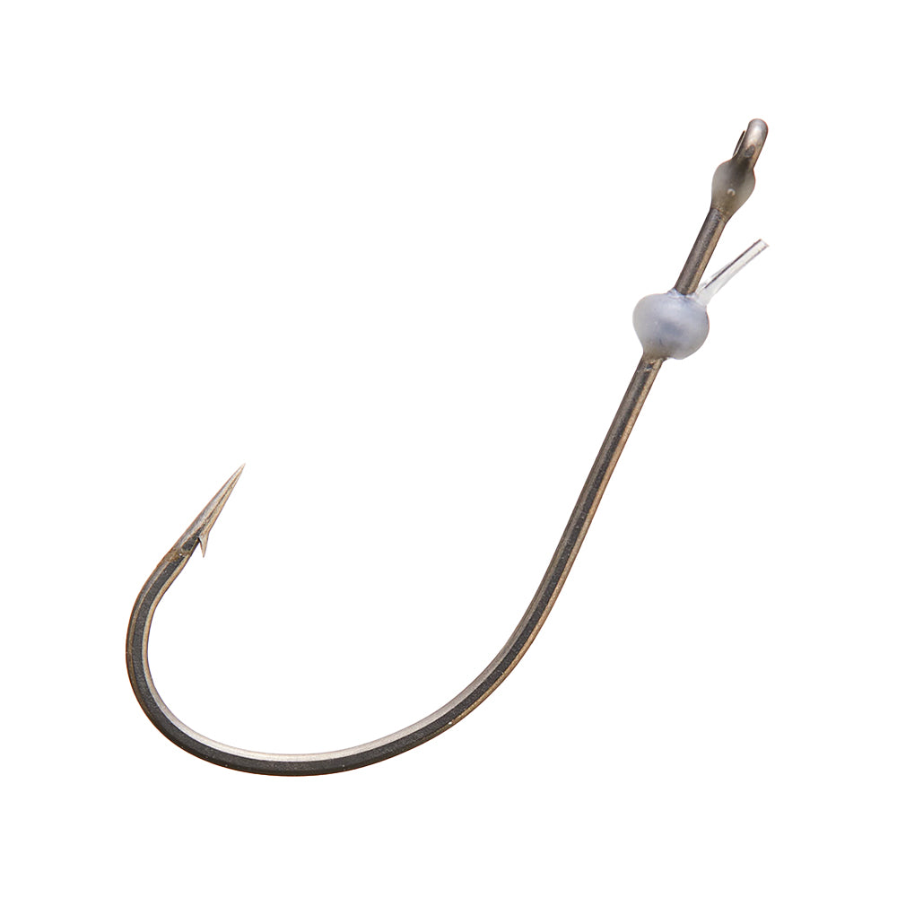 The VMC Redline Series Finesse Neko Hook features a sharp barb, curved shank, and gray plastic bead near the eye, all crafted from premium VMC Vanadium Steel for finesse Neko rigs.