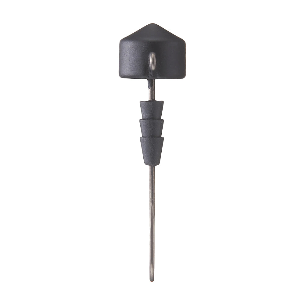 A VMC Redline Series Tungsten Ned Heads pushpin, in black and silver with a cone shape and layered design resembling a sleek needle point hook, is set against a white background.