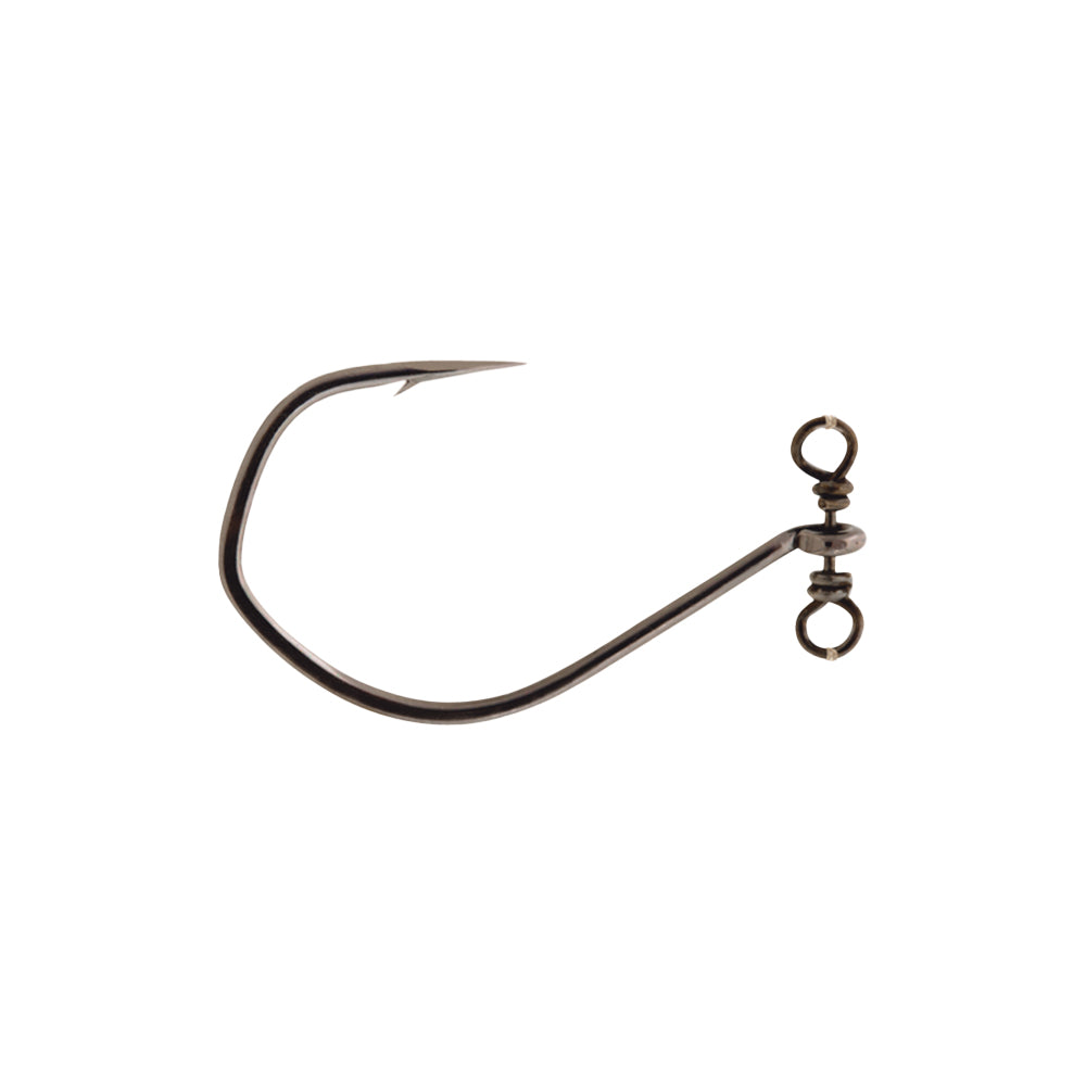 A single VMC Spinshot Drop Shot Hook by VMC, designed with a wide curve and sharp barbed point, features a swivel to prevent line twisting for secure bait holding. Its metallic finish gleams against a plain white background, making it perfect for precision in drop shot fishing.