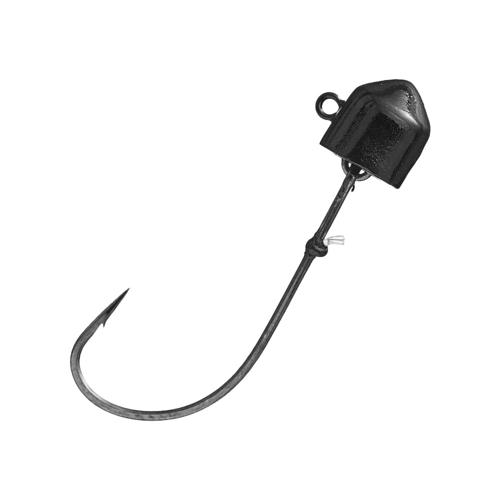 The VMC Swingin Ned Rig Jighead is a black jig with a flat, angled head and sharp, curved point for lure fishing. It has an adjustable fluorocarbon keeper, a shiny finish, and an eyelet for easy line attachment.