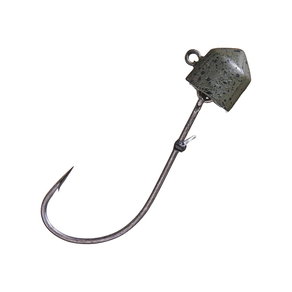 Close-up of the VMC Swingin Ned Rig Jighead, showcasing a curved metallic hook and hexagonal, speckled dark green weighted head. It includes an adjustable fluorocarbon keeper and a small loop for line attachment, ideal for the Swingin Ned Rig. The jig is isolated on a white background.