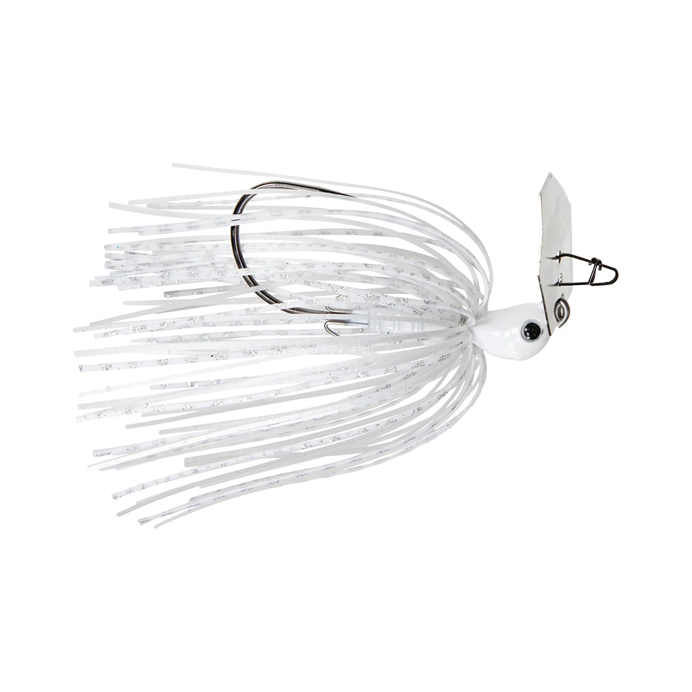 The Z-Man Evergreen Chatterbait Jack Hammer Baby Jack features a white rubber skirt, metallic hook, and hexagonal blade for dynamic water movement, making it ideal for bass fishing and effective in attracting fish.