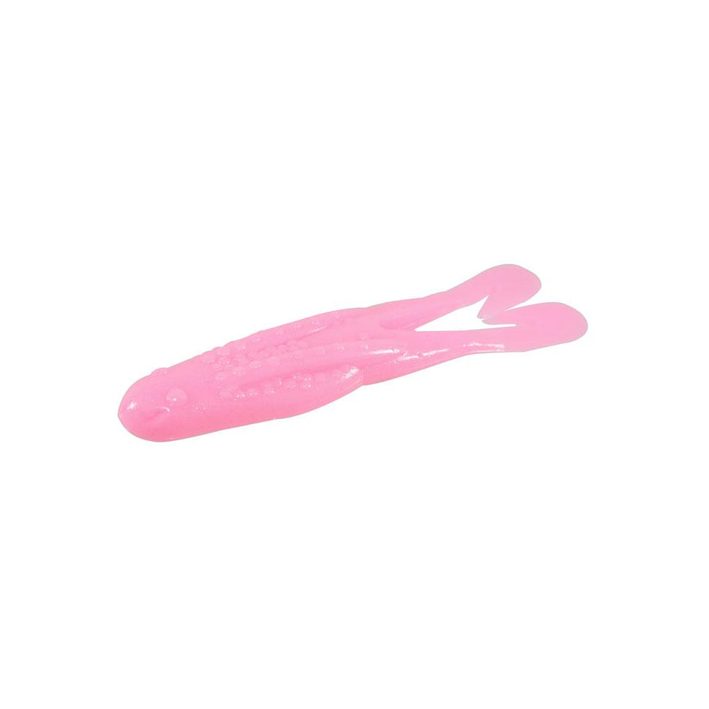 The Zoom Horny Toad by Zoom is a soft, pink, fish-shaped fishing lure with a textured body and split tail, shown on a white background and designed for use with a weedless hook.