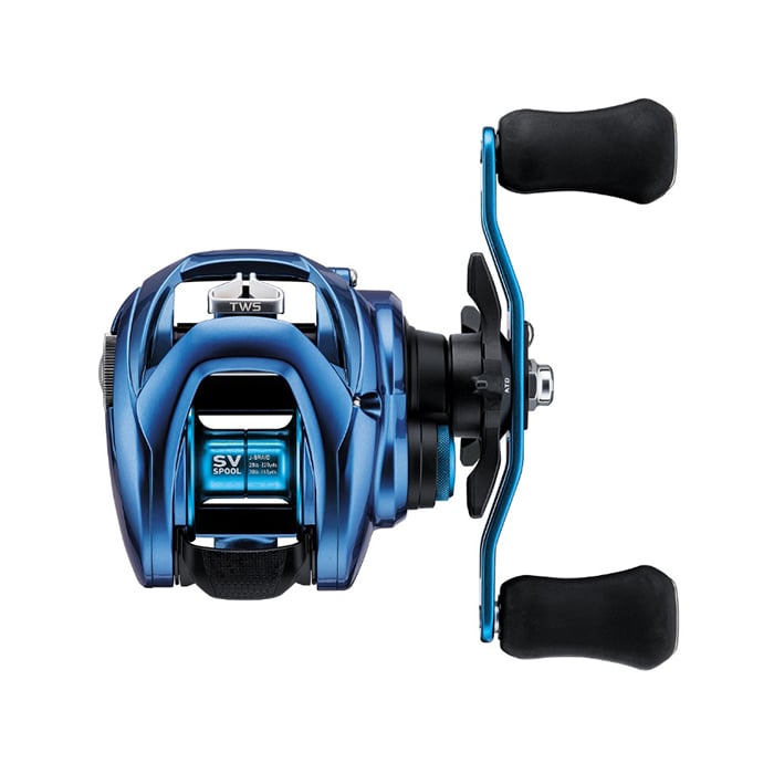 The Daiwa Coastal SV TW 7.1:1 Left Hand Casting Reel, model CLSVTW150HSL, boasts a sleek blue and black metal finish with ergonomic grips and a compact design, making it perfect for inshore saltwater fishing adventures. Featured on a white background.