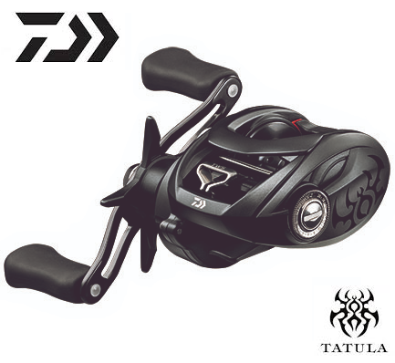 The Daiwa Tatula 100H casting reel, TTU100H model, comes in black with ergonomic handles and tribal patterns on a white background. It features the T-Wing System and "Tatula" logo, ideal for light line baitcasting.