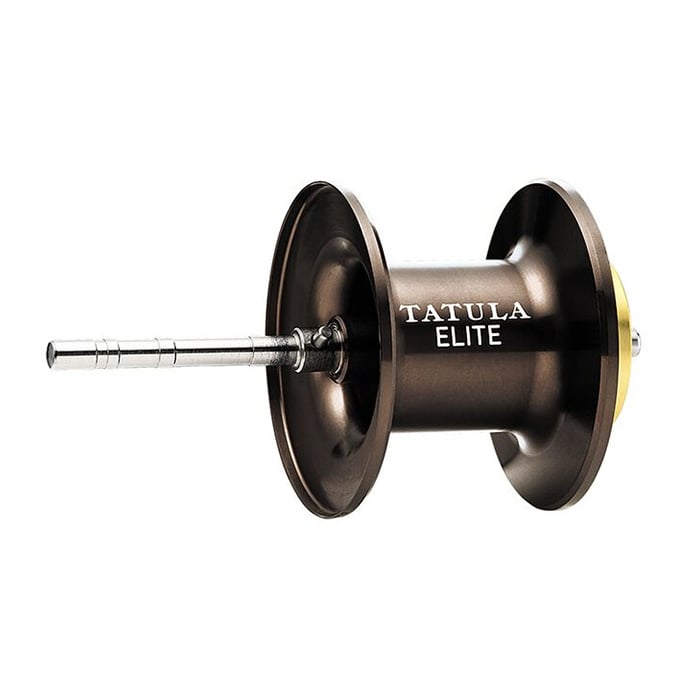 A sleek silver spool featuring the "Daiwa Tatula Elite 100H 6.3:1 Casting Reel | TAEL100H" name is expertly crafted for outstanding distance casting, complete with a long central rod and enhanced by the Magforce braking system, set against a plain white background. Brought to you by americanlegacyfishing.