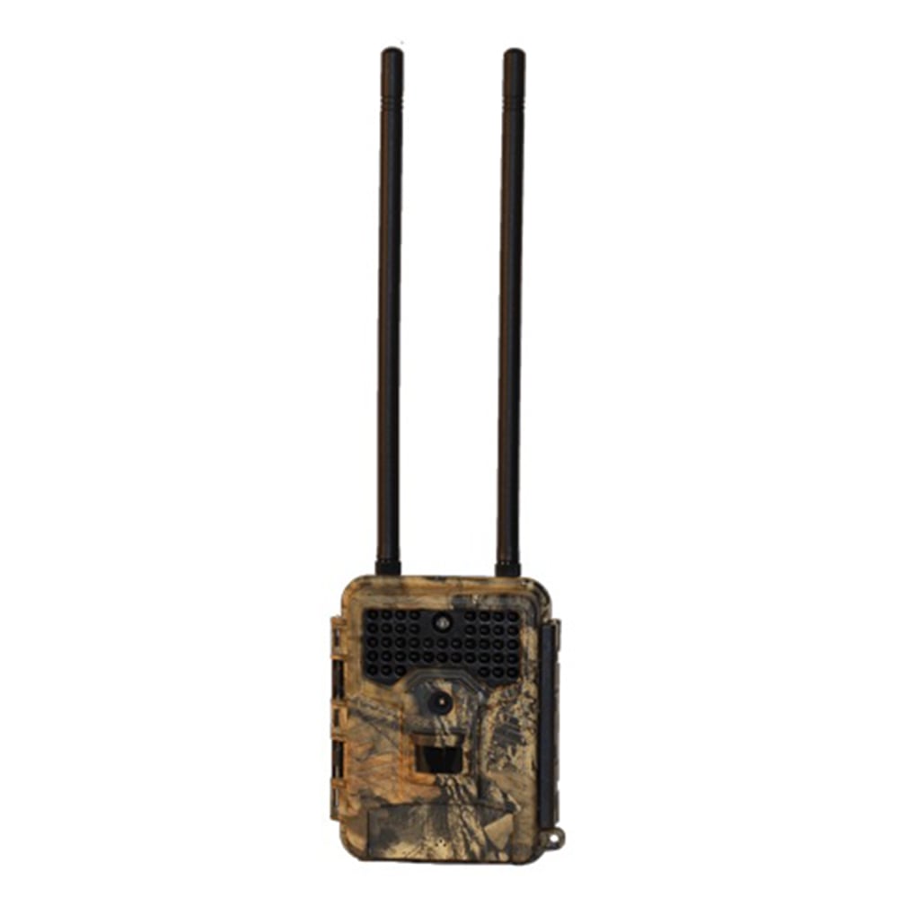 The Covert DLC E1 AT&T LTE Game Camera | 5595 features a camouflage design, two long black antennas, and is built for outdoor wildlife monitoring with AT&T LTE support.